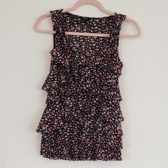 Pretty Express Lightweight Tiered Ruffles Floral Black Tank Top - Picture 4 of 10